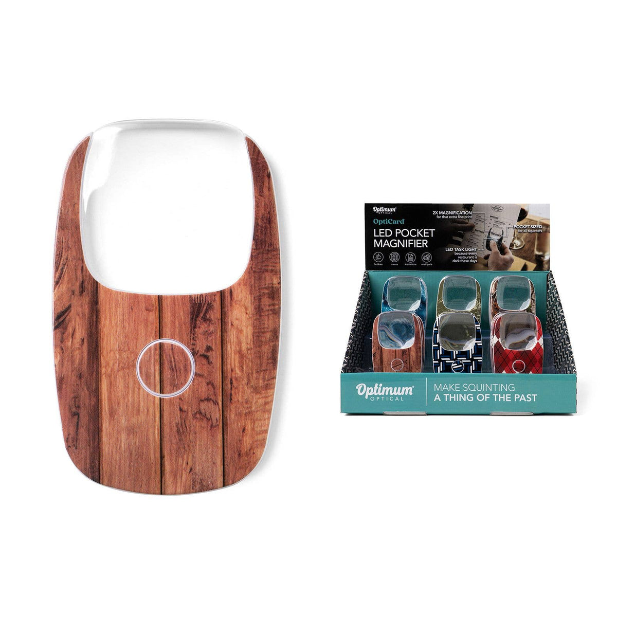 LED pocket magnifier with wood pattern, large 2X lens. Size: pocket-sized.