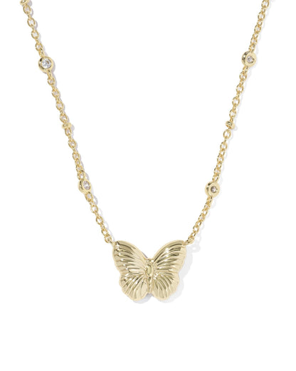 Gold necklace with a detailed butterfly pendant and spaced cubic zirconia gems. Available in 16" and 18" lengths.