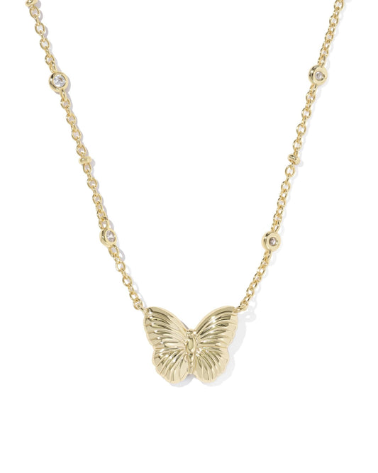 Gold necklace with a detailed butterfly pendant and spaced cubic zirconia gems. Available in 16" and 18" lengths.