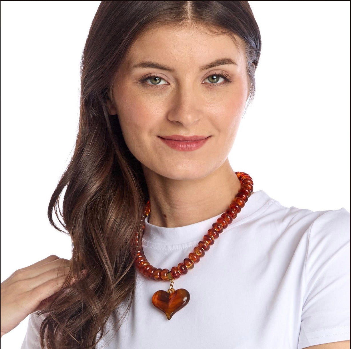 Happy Heart Beaded Necklace with chunky heart pendant, handcrafted design, available in sizes 16″, 18″, and 20″.