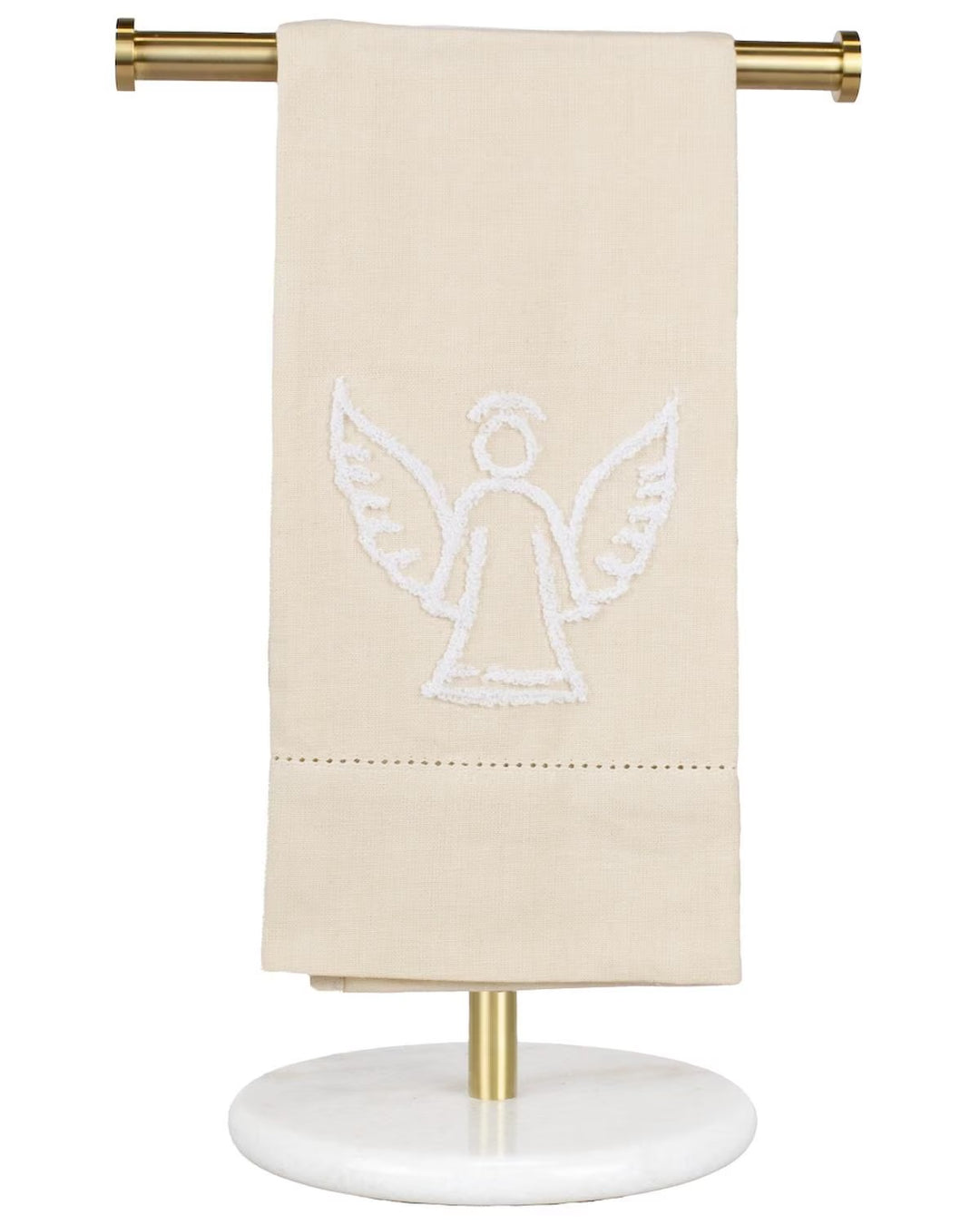 Beige Angel Hemstitch Hand Towel with white angel embroidery and hemstitch detail.