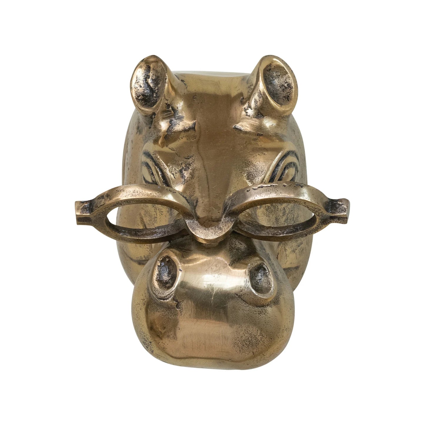 Cast aluminum hippo head wall décor with antique brass finish and glasses; available sizes: small, medium, large.