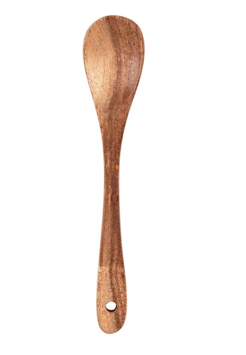 Mini wood spoon with rounded head, long handle, and small hole at the end; available in 5", 7", and 9" sizes.