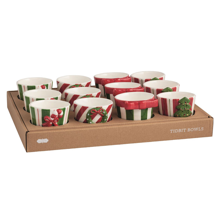 Set of ten hand-painted stoneware Bow Christmas Tidbit Bowls with red and green stripes and holiday decorations.