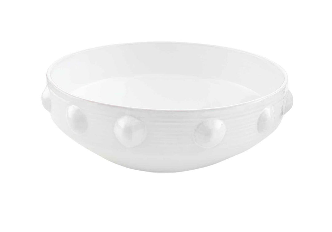 White ceramic bowl with smooth finish, raised beaded detail, available in 5-inch or 12-inch diameters.
