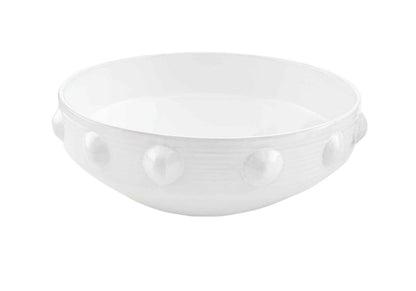 White ceramic bowl with smooth finish, raised beaded detail, available in 5-inch or 12-inch diameters.