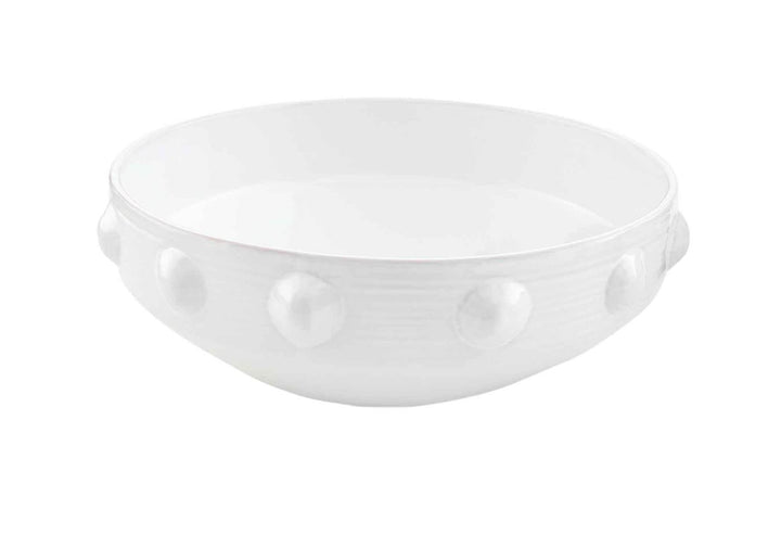 White ceramic bowl with smooth finish, raised beaded detail, available in 5-inch or 12-inch diameters.