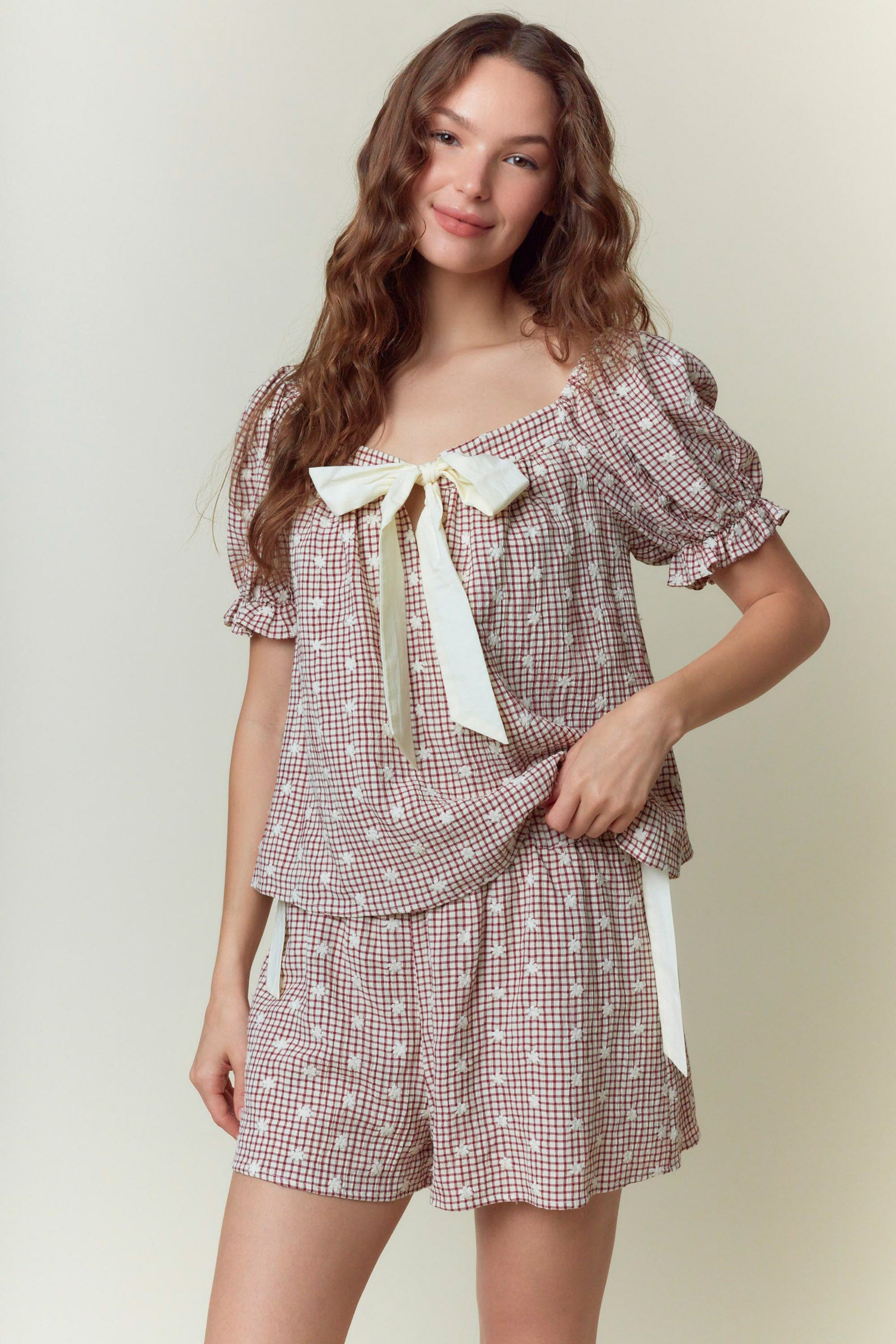 Gingham Embroidered Short Set with puffed sleeves and large cream bow at neckline. Available in sizes XS-XL.