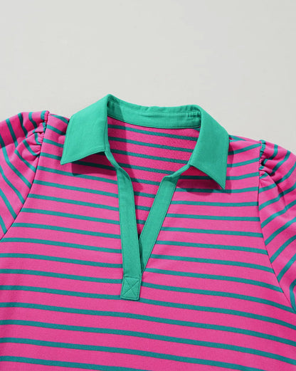 Striped Puff Sleeve Dress with green/pink stripes, solid green collar/placket. Available in XS-L.