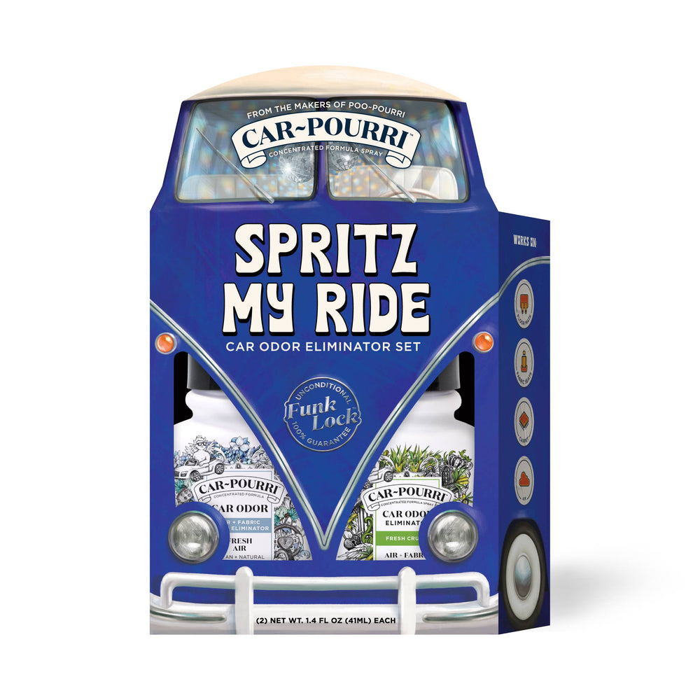 Car~Pourri Air + Fabric Spritz My Ride 1.4oz 2-Pack Gift Set includes two odor eliminators in a blue van package.