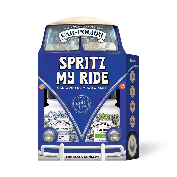 Car~Pourri Air + Fabric Spritz My Ride 1.4oz 2-Pack Gift Set includes two odor eliminators in a blue van package.