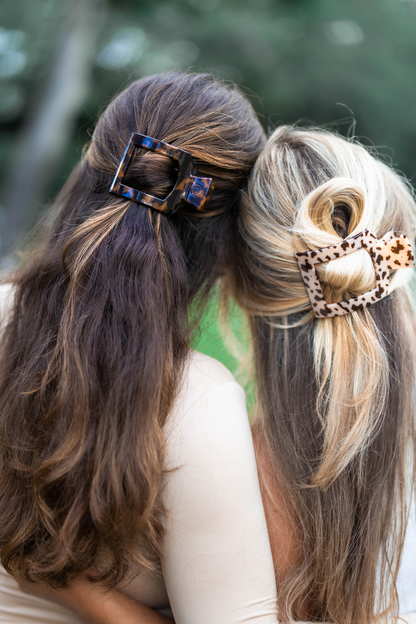 TELETIES Square Flat Hair Clips in tortoiseshell and tan with dark spots; available in small, medium, and large sizes.