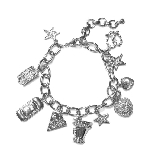 Lynn Silver Bracelet with rhinestone star, heart, drum, and pyramid charms. Available in S, M, and L sizes.