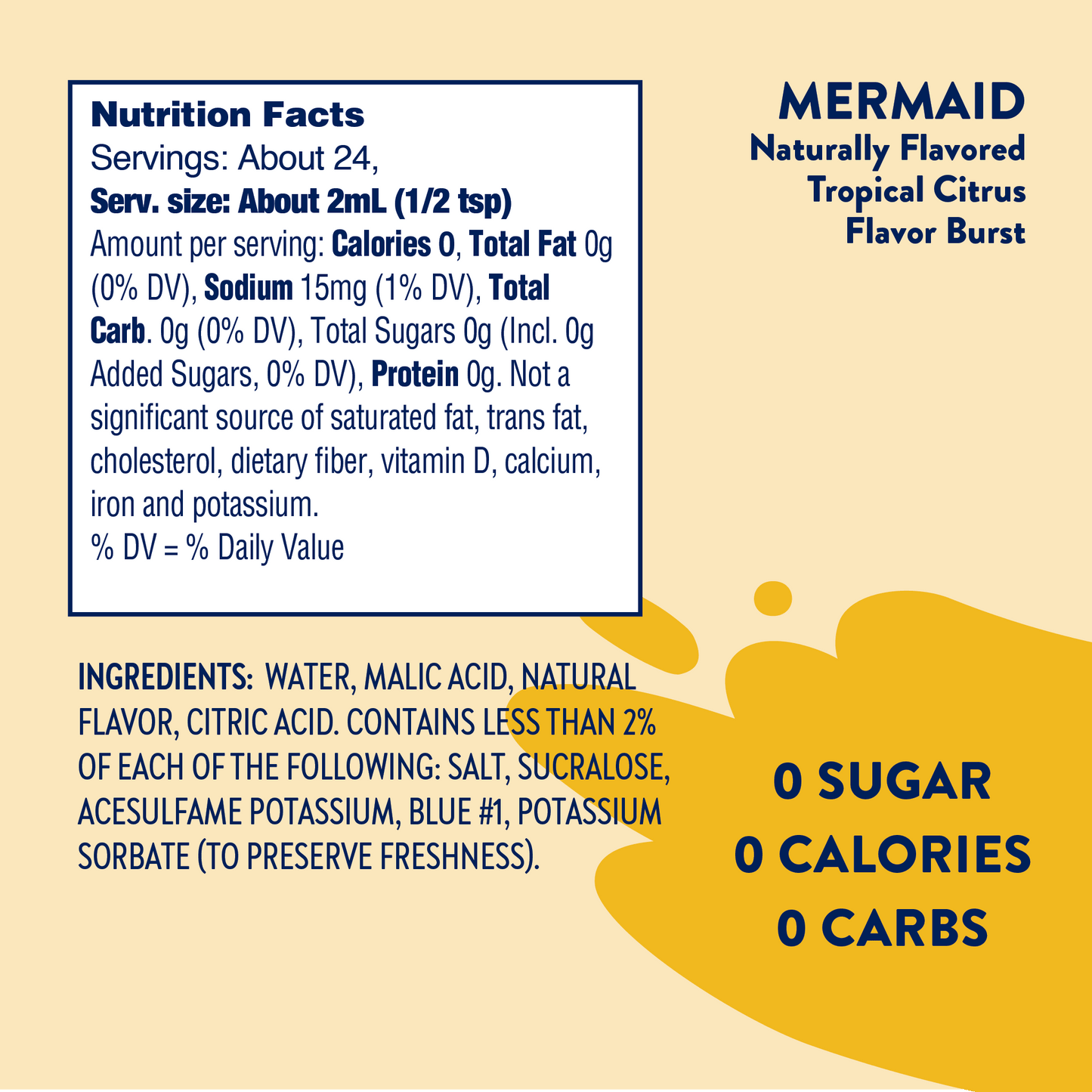 Flavor Burst Sugar Free Mermaid™ tropical citrus drink mix, keto-friendly, 0 calories, 0 carbs. Sizes: details on label.