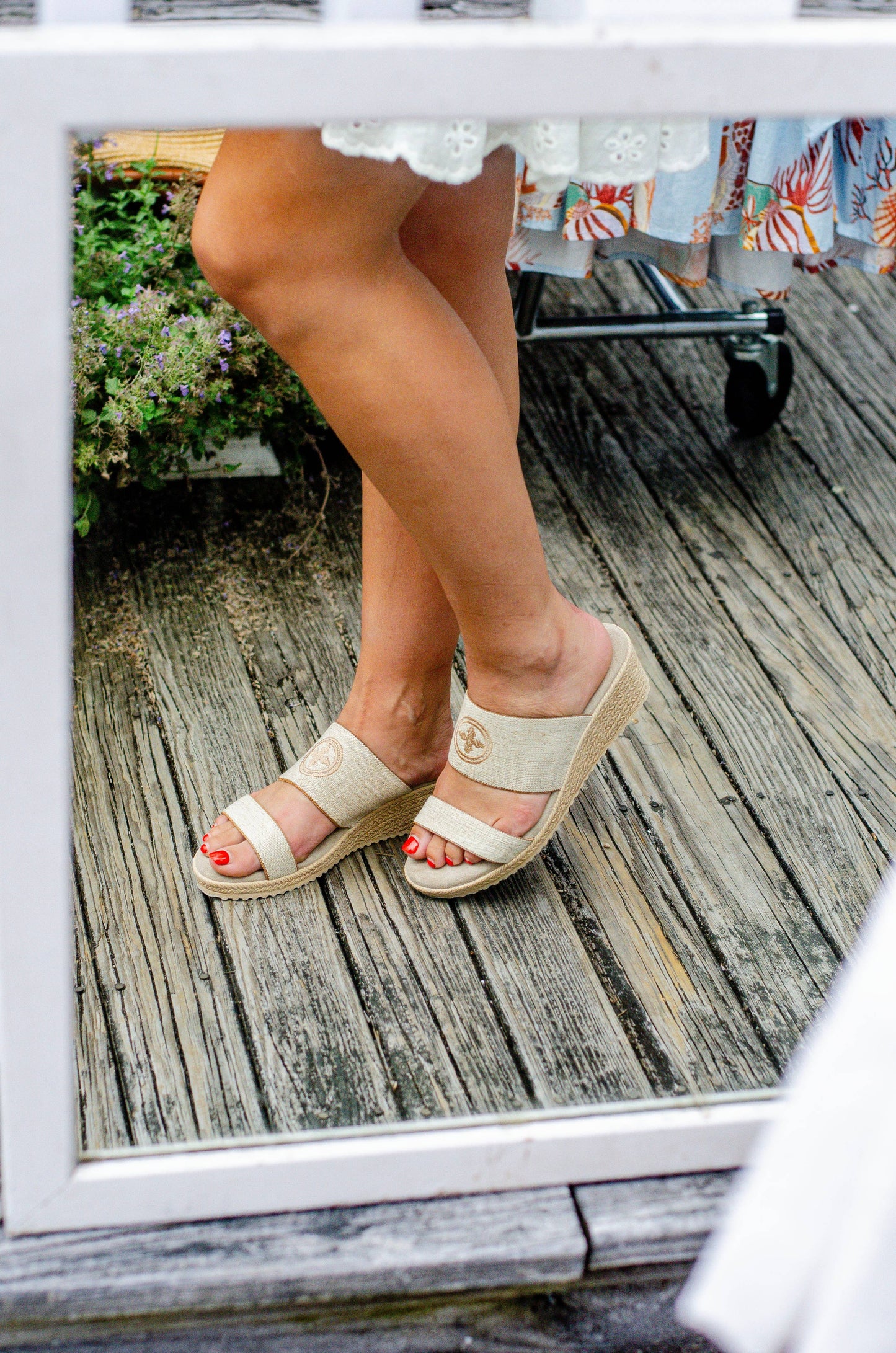 Ashley Linen Logo Wedge Sandals