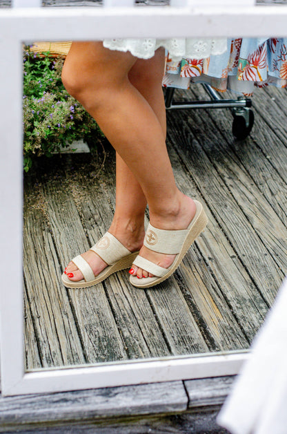Ashley Linen Logo Wedge Sandals