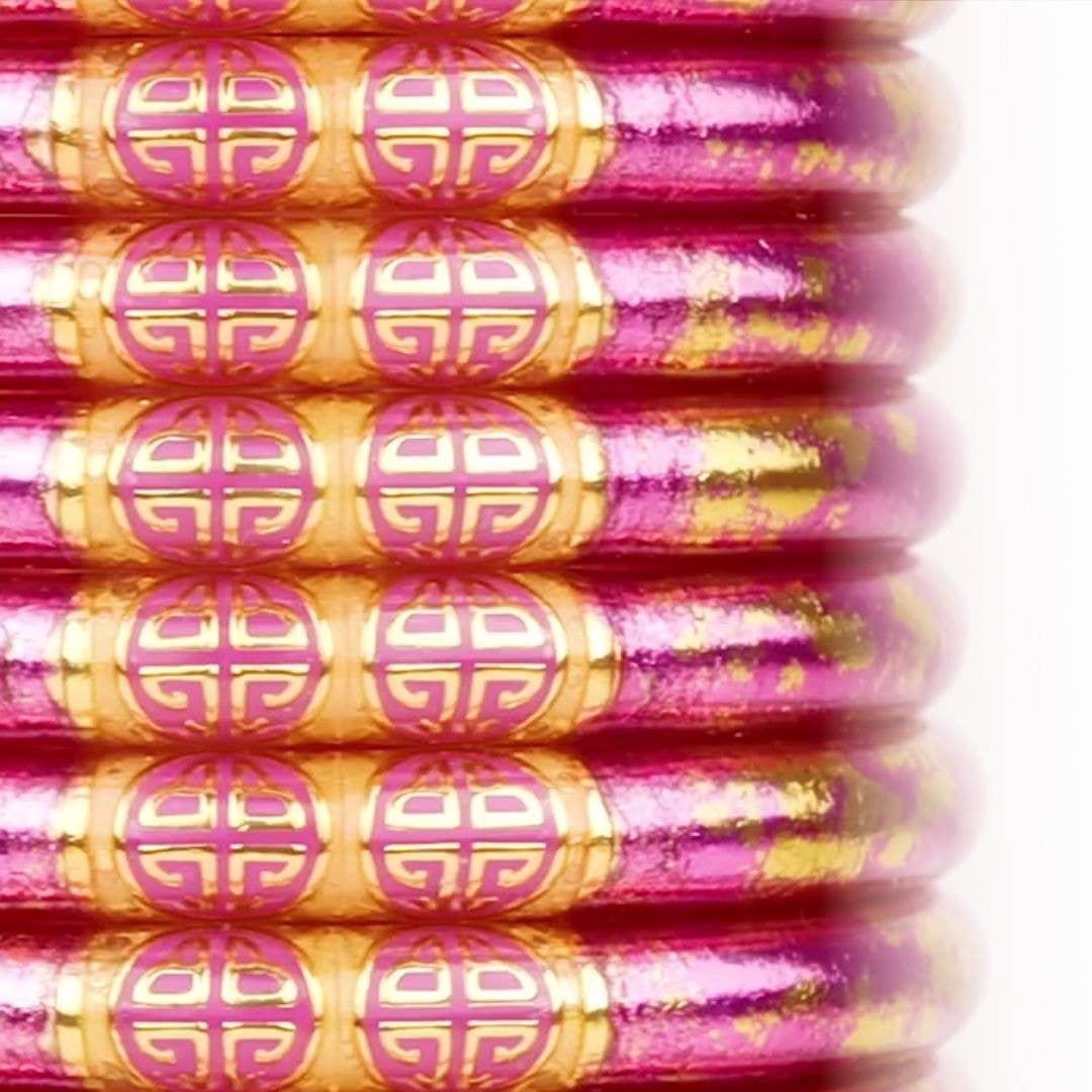 KOI Rose All Weather Bangles® Set of 4: pink, gold designs, circular patterns; sizes S, M, L; shiny and reflective.