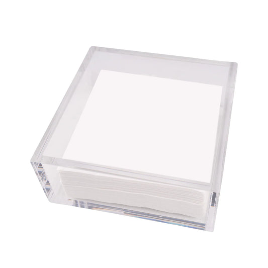 Acrylic Napkin Holder with white square paper sheets; available in small, medium, and large sizes.