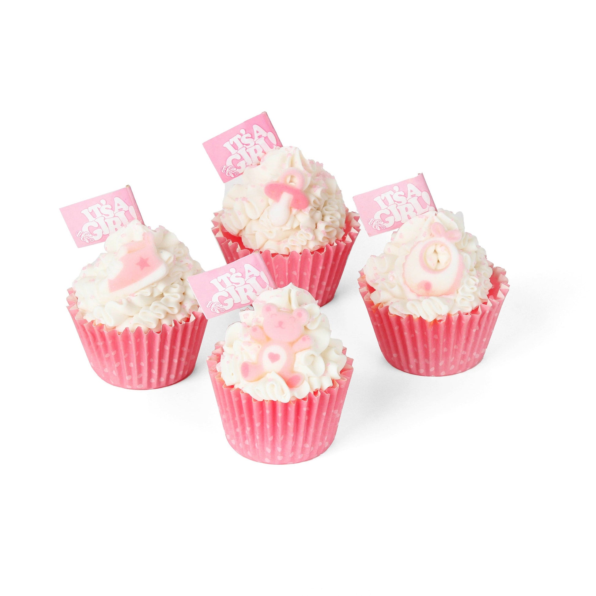 Set of four handmade "It's a Girl" cupcake soaps, pink wrappers, white frosting, with baby-themed toppers. Sizes: standard cupcake.