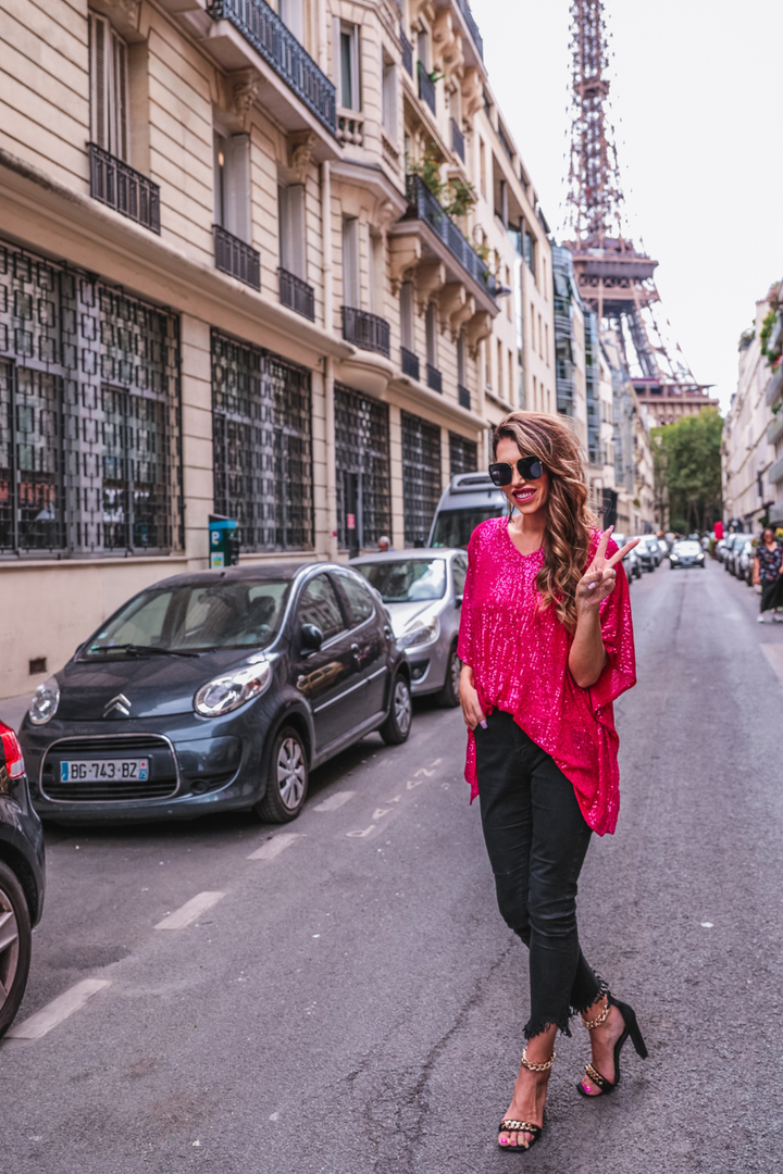 Celebrity Status Sequin Top in hot pink, oversized fit. Available in sizes XS-XL.