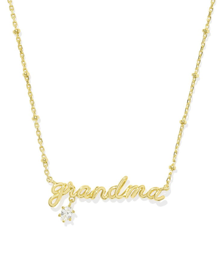Gold "grandma" script pendant with crystal flower charm. Available in 16", 18", and 20" lengths.