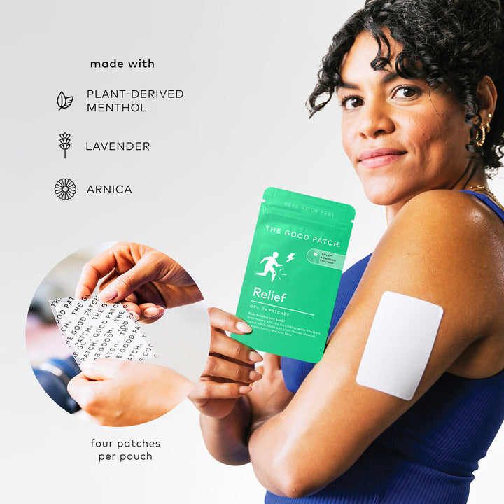 Green "Relief Patch" pouch and plant-powered patch with menthol, lavender, arnica; available in multiple sizes.