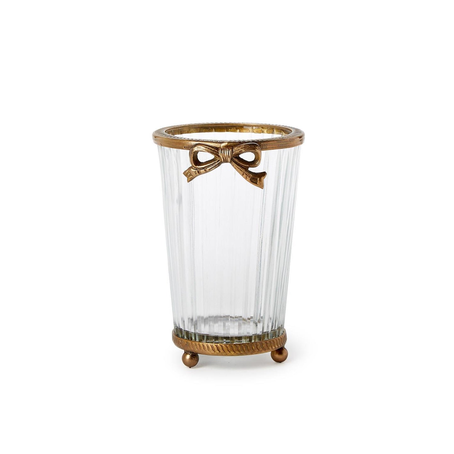 Antique Gold Finish Hand Cut Glass Vase with Bow Accent