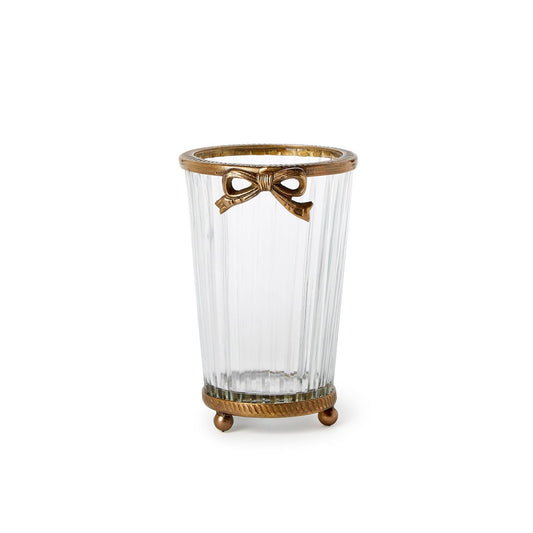 Antique Gold Finish Hand Cut Glass Vase with Bow Accent