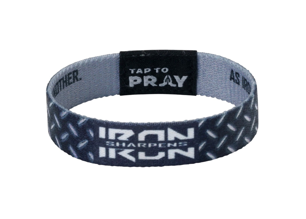 Tap To Pray™ Iron elastic prayer wristband with diamond plate pattern, “IRON SHARPENS IRON” text, and black “TAP TO PRAY” tag. Available in various sizes.
