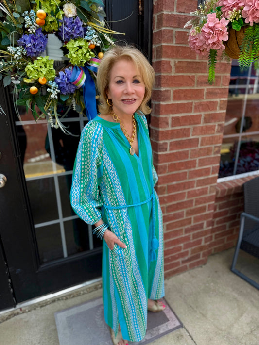 Patio Dress: long blue and green striped cotton dress. Available in sizes XS-XL.
