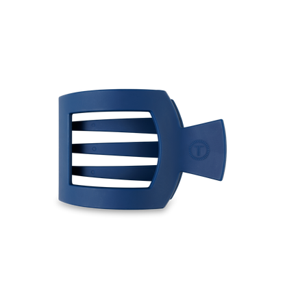 TELETIES Square Flat Hair Clip: Blue, rectangular with three horizontal slots. Features a right-side handle. Sizes available: Small, Large.