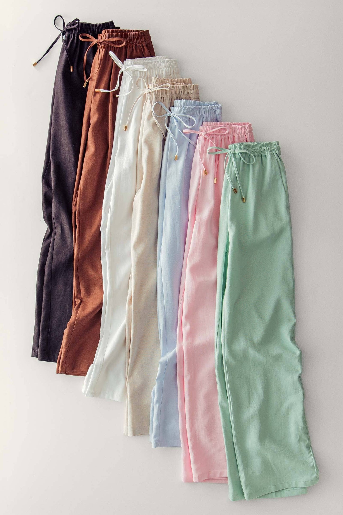 Mint Jelly Linen Blend Wide Leg Drawstring Pants in 7 colors. Available in sizes XS-XL.