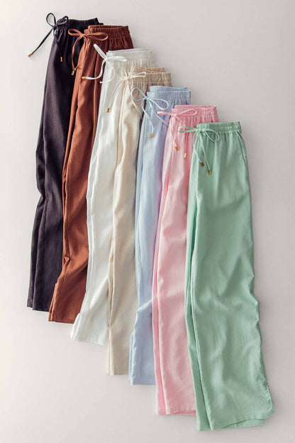 Mint Jelly Linen Blend Wide Leg Drawstring Pants in 7 colors. Available in sizes XS-XL.
