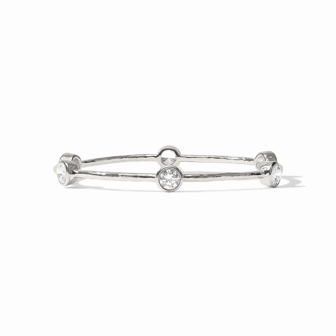 Milano Bangle by Julie Vos: thin, hammered silver plate with three bezel-set clear gemstones. Available in multiple sizes.