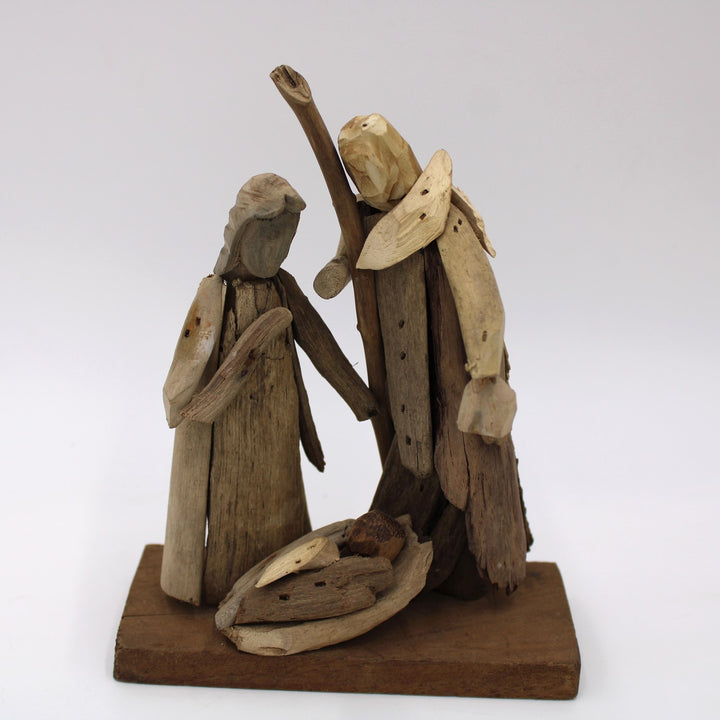 Driftwood Holy Family nativity scene on a rectangular base. Available in various sizes.