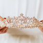 Rose Gold Tiara with floral designs, crystal details, and intricate patterns; elegant bridal accessory. Sizes: Small, Medium, Large.