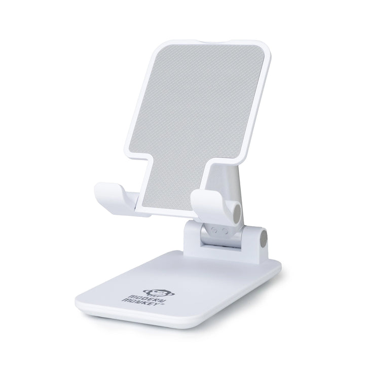 White, foldable tech stand with textured backrest and logo on base; available in small, medium, and large sizes.