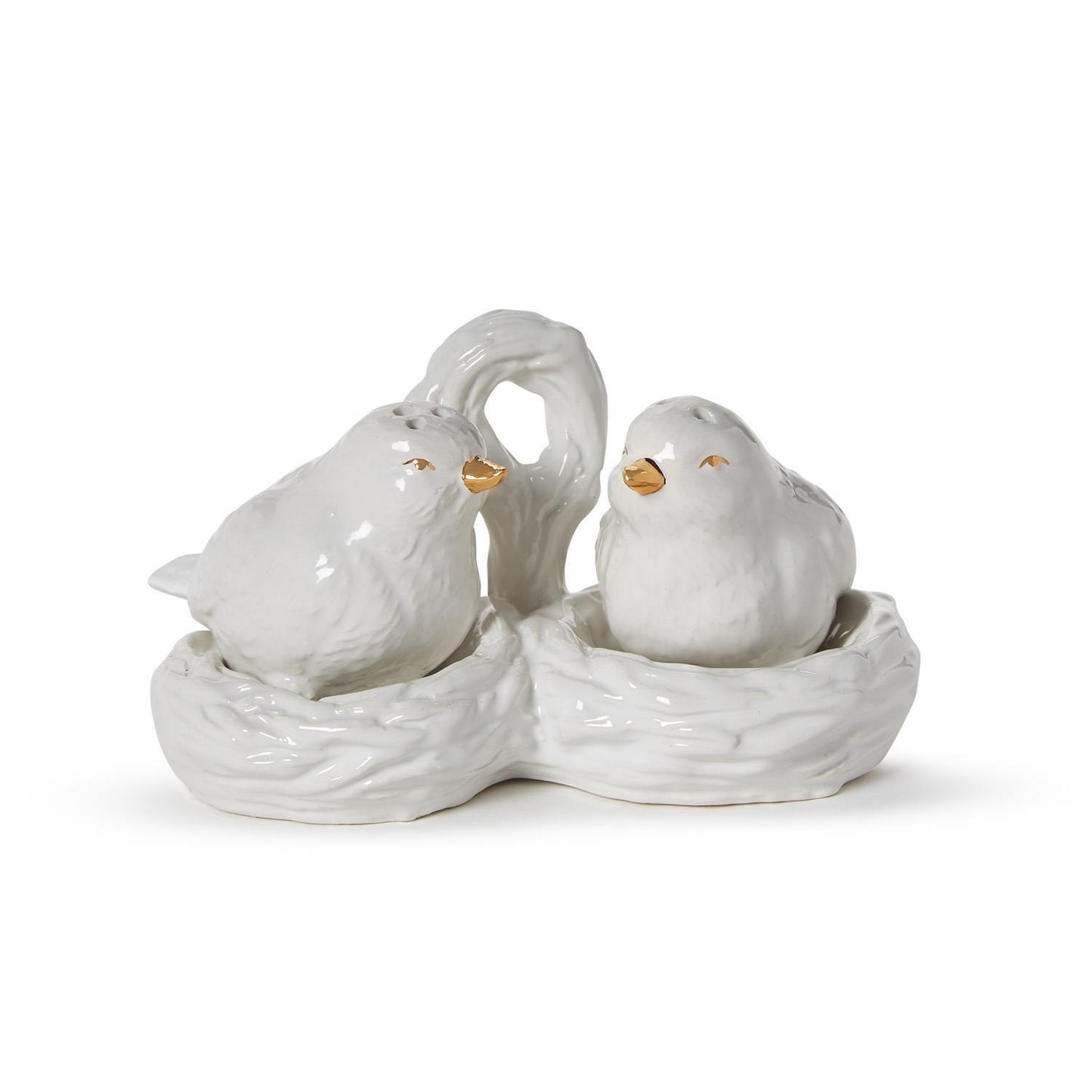 White ceramic bird salt and pepper shakers with gold details in a nest carrier with handle. Sizes: standard only.
