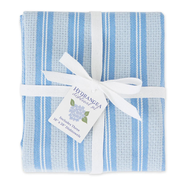 Blue and white striped cotton dishtowels, set of 3, neatly folded and tied; available in 16x28 inch size.