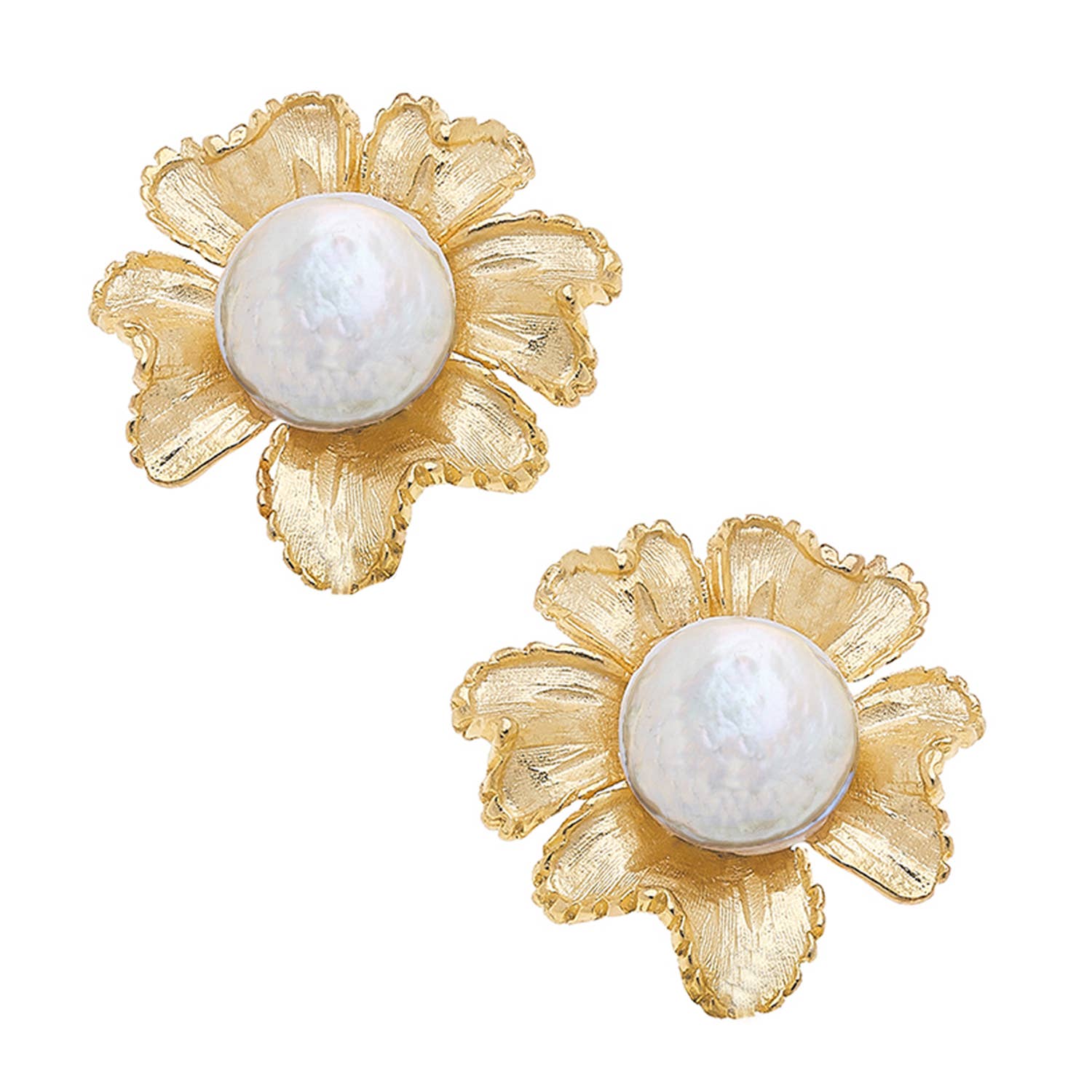 Textured gold petal studs with a large round freshwater pearl center. Available in 8mm and 12mm sizes.