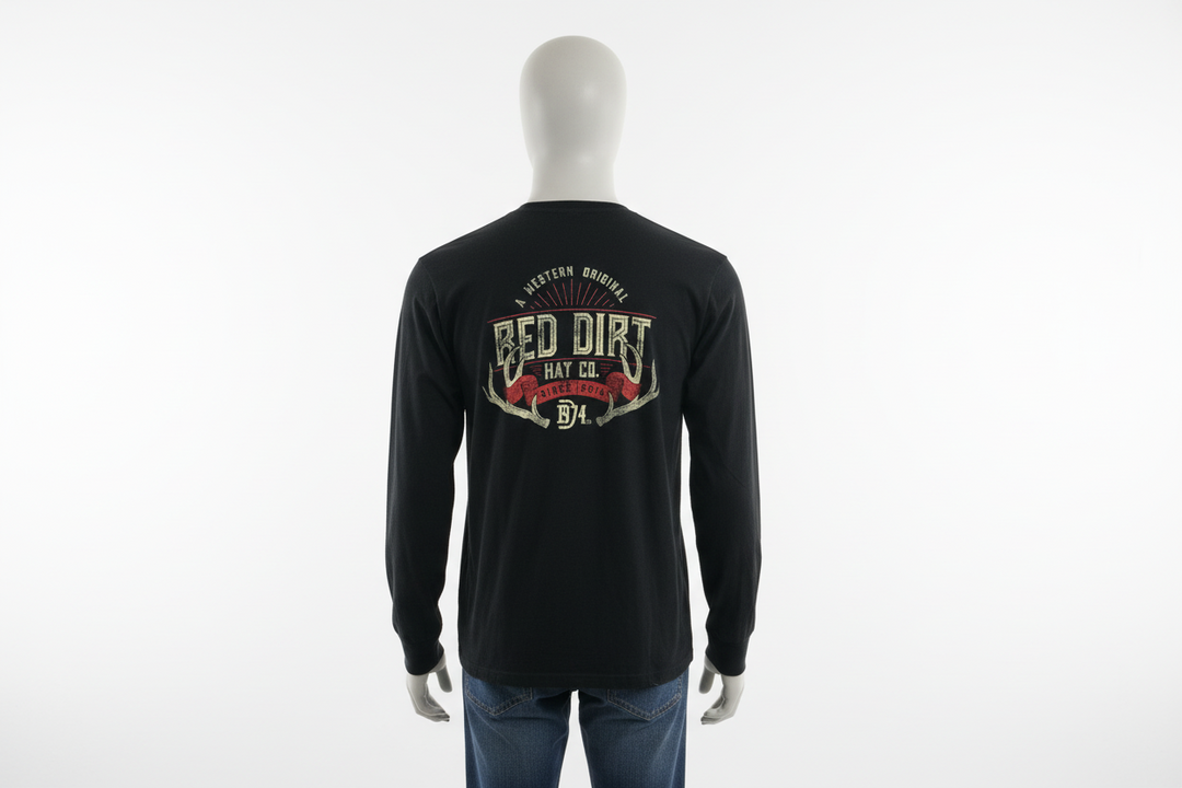 Red Dirt Hat Company Men’s Longsleeve with "Red Dirt Hat Co." and western graphic on back. Available in sizes S-XXL.