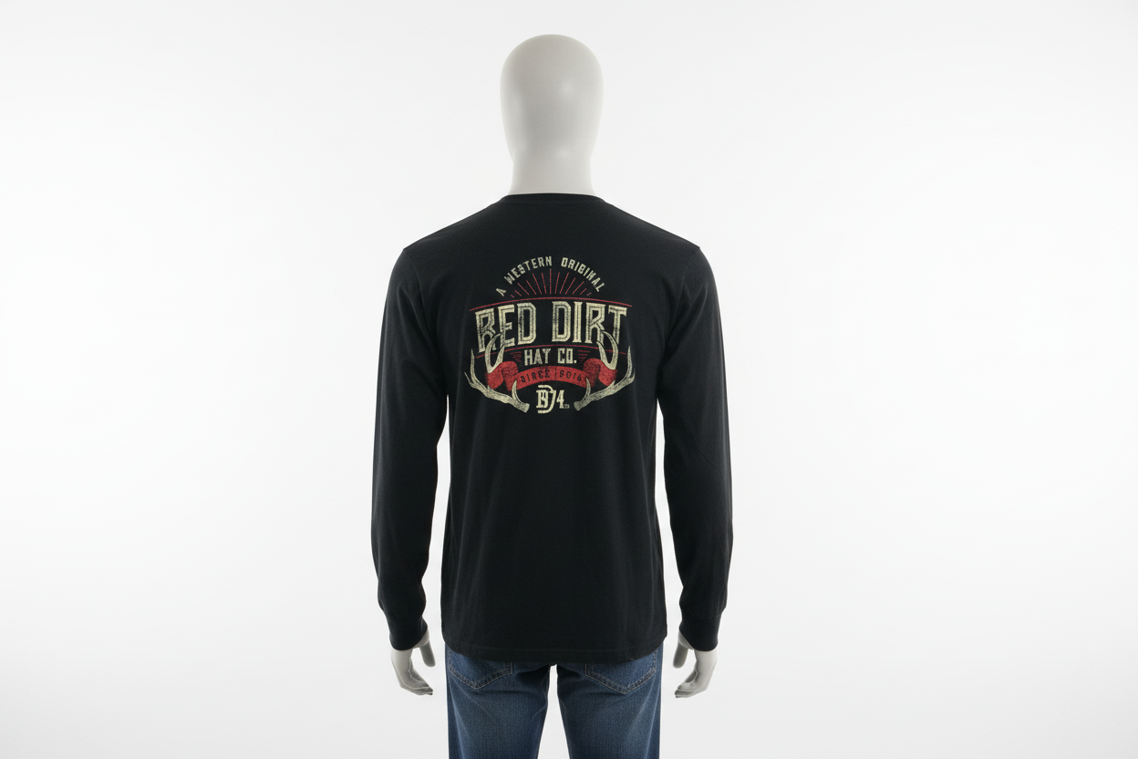 Red Dirt Hat Company Men’s Longsleeve with "Red Dirt Hat Co." and western graphic on back. Available in sizes S-XXL.