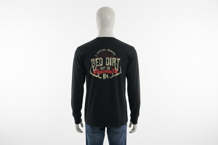 Red Dirt Hat Company Men’s Longsleeve with "Red Dirt Hat Co." and western graphic on back. Available in sizes S-XXL.