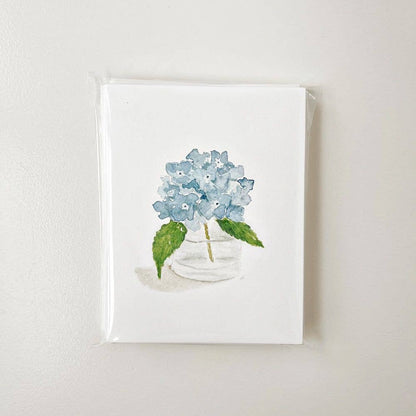 Set of 8 blank Hydrangea Notecards featuring watercolor blue hydrangeas. Size: standard greeting card.