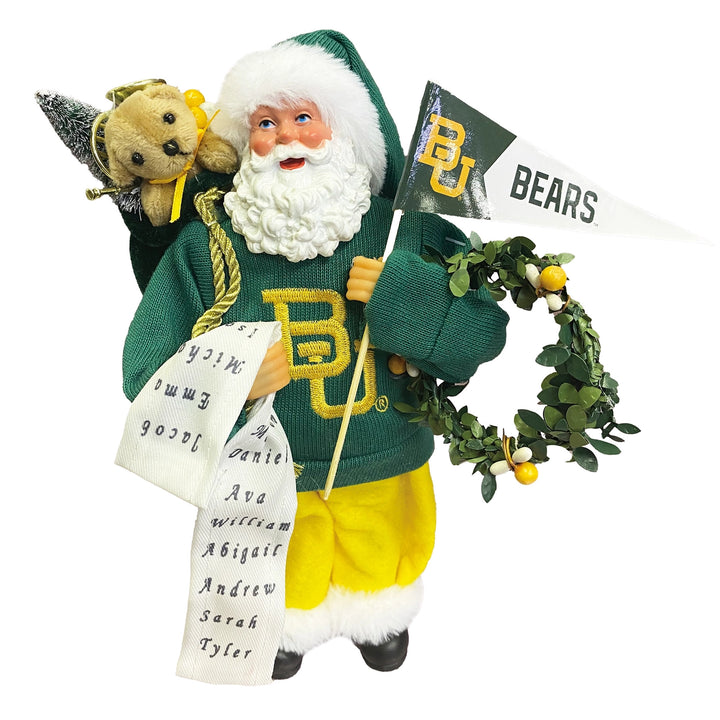 12″ Baylor Proud Santa figurine wearing a green and yellow team sweater, holding a pennant and a list of names.