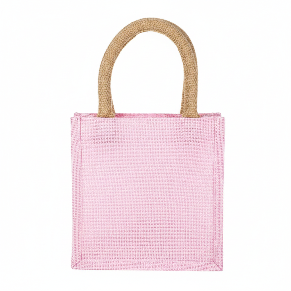 Small, square, pink Holly Jolly Petite Tote with two rounded tan handles.