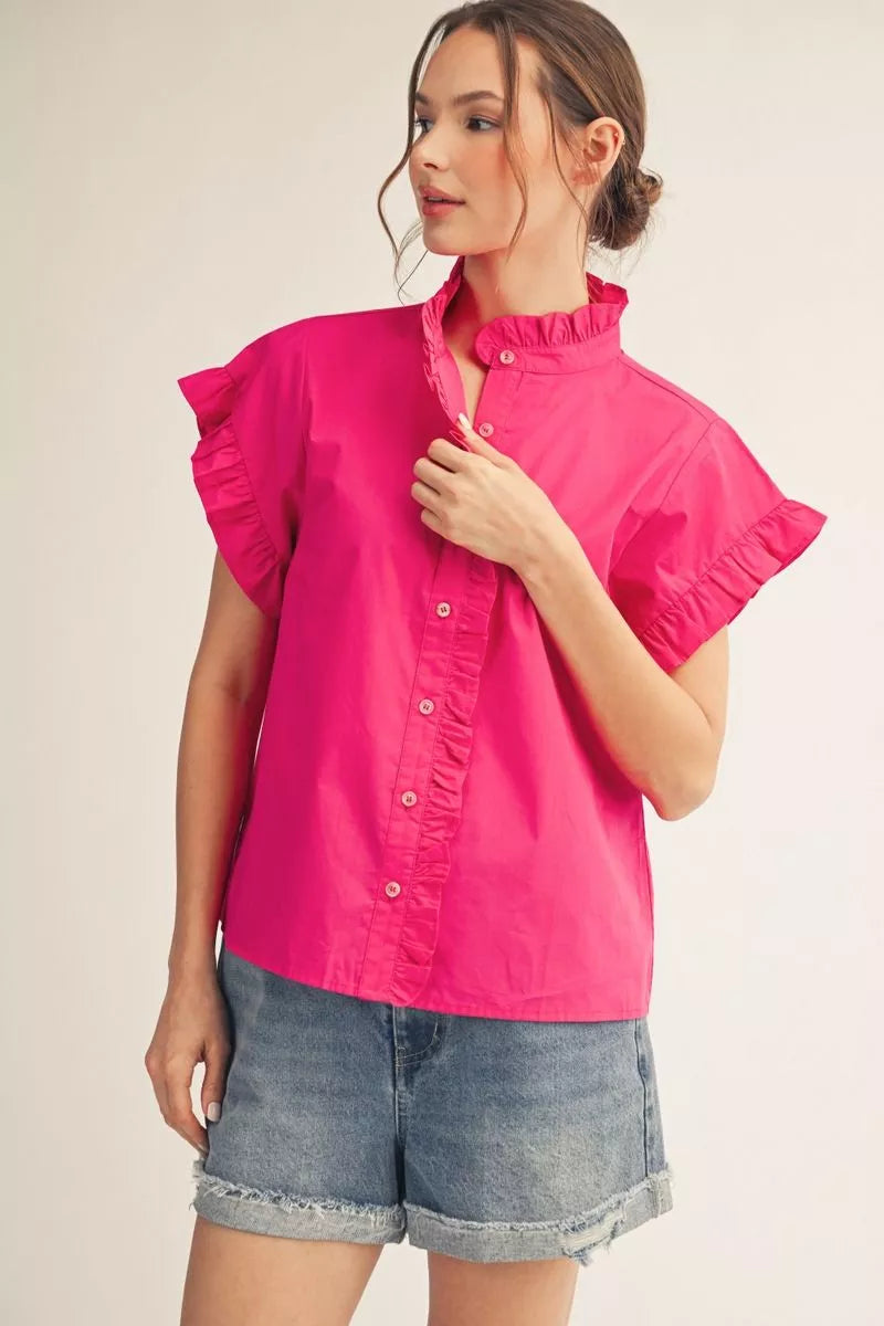 Fuchsia Drop Shoulder Button-Up Top