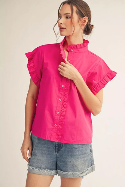 Fuchsia Drop Shoulder Button-Up Top