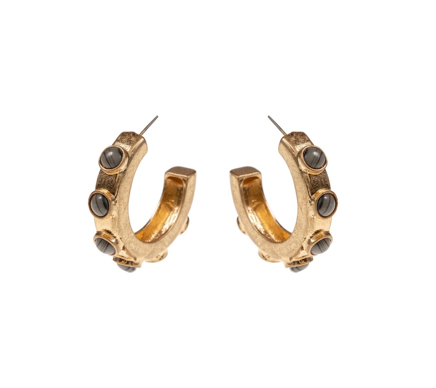Chunky gold hoop earrings with gray labradorite accents. Available in small and medium sizes.