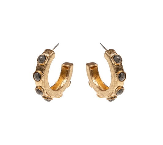 Chunky gold hoop earrings with gray labradorite accents. Available in small and medium sizes.